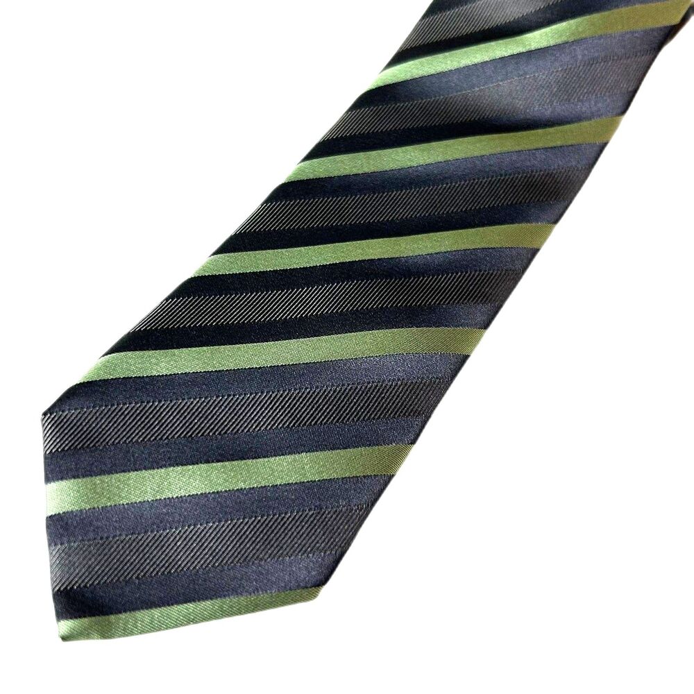 Boss Hugo Boss Men's Gray Green Diagonal Striped 100% Silk Tie